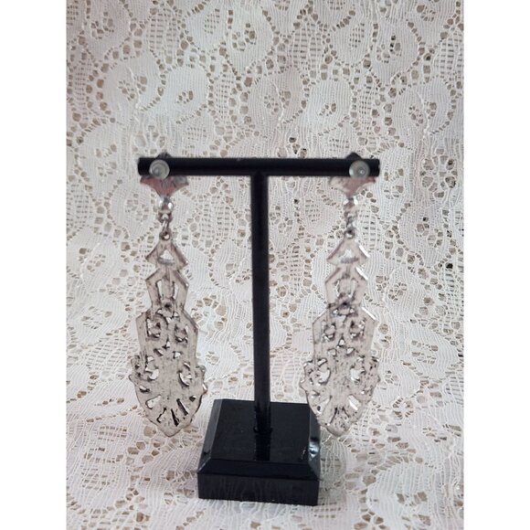 EUC Vintage Art Deco Silver-Tone Crystal Chandelier Earrings - Picture 2 of 3